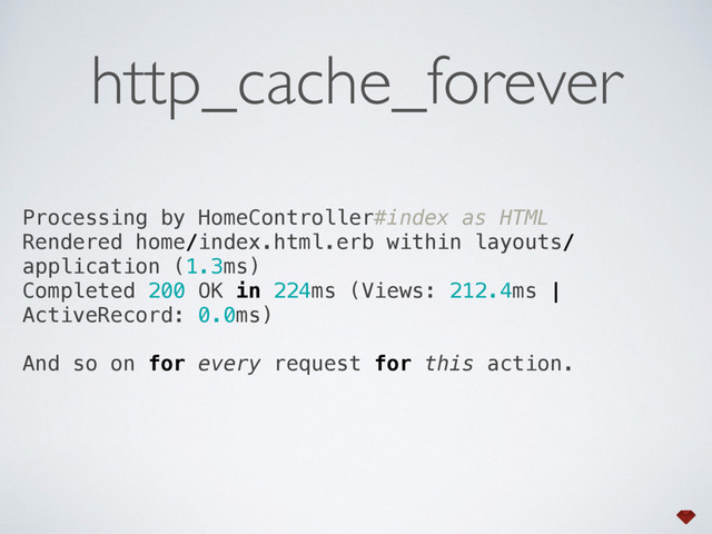 Processing by HomeController#index as HTML 
Rendered home/index.html.erb within layouts/
application (1.3ms) 
Completed 200 OK in 224ms (Views: 212.4ms |
ActiveRecord: 0.0ms) 
 
And so on for every request for this action. 
http_cache_forever
