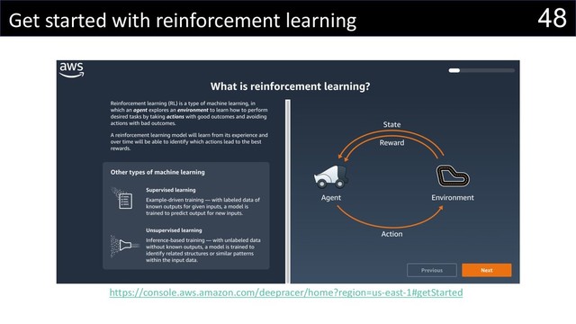 48
Get started with reinforcement learning
https://console.aws.amazon.com/deepracer/home?region=us-east-1#getStarted

