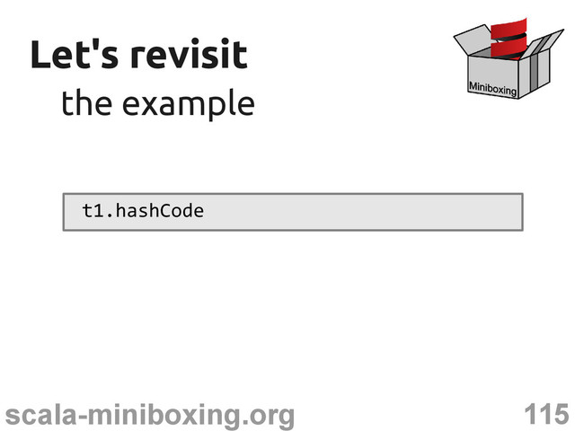 115
scala-miniboxing.org
Let's revisit
Let's revisit
the example
the example
t1.hashCode
