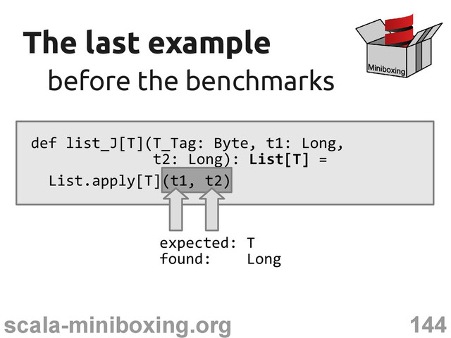 144
scala-miniboxing.org
The last example
The last example
before the benchmarks
before the benchmarks
def list_J[T](T_Tag: Byte, t1: Long,
t2: Long): List[T] =
List.apply[T](t1, t2)
expected: T
found: Long
