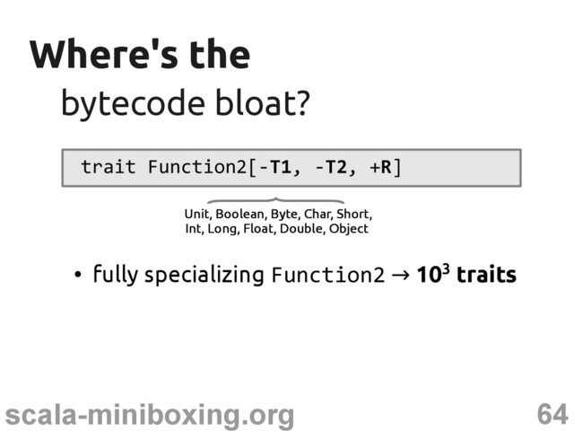 64
scala-miniboxing.org
Where's the
Where's the
trait Function2[-T1, -T2, +R]
●
fully specializing Function2 → 103 traits
bytecode bloat?
bytecode bloat?
Unit, Boolean, Byte, Char, Short,
Int, Long, Float, Double, Object
Unit, Boolean, Byte, Char, Short,
Int, Long, Float, Double, Object
