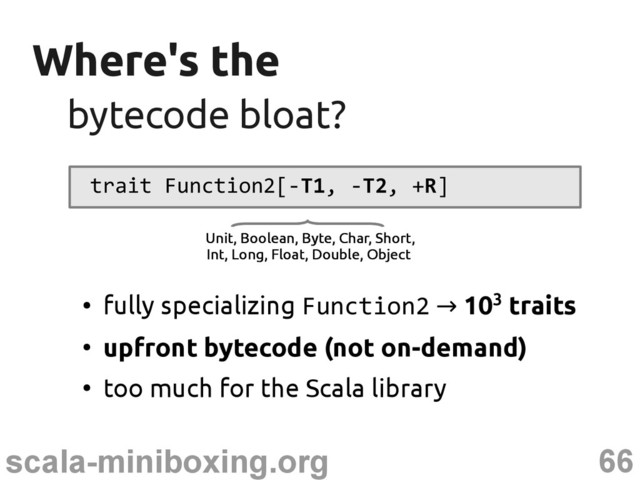 66
scala-miniboxing.org
Where's the
Where's the
trait Function2[-T1, -T2, +R]
●
fully specializing Function2 → 103 traits
●
upfront bytecode (not on-demand)
●
too much for the Scala library
bytecode bloat?
bytecode bloat?
Unit, Boolean, Byte, Char, Short,
Int, Long, Float, Double, Object
Unit, Boolean, Byte, Char, Short,
Int, Long, Float, Double, Object
