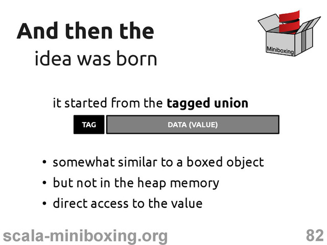 82
scala-miniboxing.org
And then the
And then the
idea was born
idea was born
it started from the tagged union
TAG DATA (VALUE)
●
somewhat similar to a boxed object
●
but not in the heap memory
●
direct access to the value
