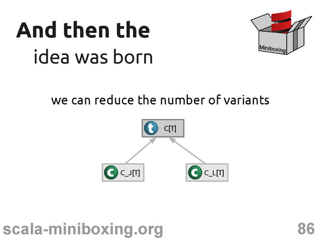 86
scala-miniboxing.org
And then the
And then the
idea was born
idea was born
we can reduce the number of variants
C_J[T]
C[T]
C_L[T]
