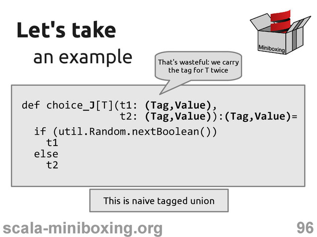 96
scala-miniboxing.org
Let's take
Let's take
an example
an example
def choice_J[T](t1: (Tag,Value),
t2: (Tag,Value)):(Tag,Value)=
if (util.Random.nextBoolean())
t1
else
t2
That's wasteful: we carry
the tag for T twice
This is naive tagged union
