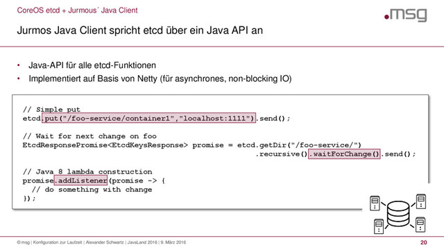 CoreOS etcd + Jurmous´ Java Client
Jurmos Java Client spricht etcd über ein Java API an
© msg | Konfiguration zur Laufzeit | Alexander Schwartz | JavaLand 2016 | 9. März 2016 20
• Java-API für alle etcd-Funktionen
• Implementiert auf Basis von Netty (für asynchrones, non-blocking IO)
// Simple put
etcd.put("/foo-service/container1","localhost:1111").send();
// Wait for next change on foo
EtcdResponsePromise promise = etcd.getDir("/foo-service/")
.recursive().waitForChange().send();
// Java 8 lambda construction
promise.addListener(promise -> {
// do something with change
});
