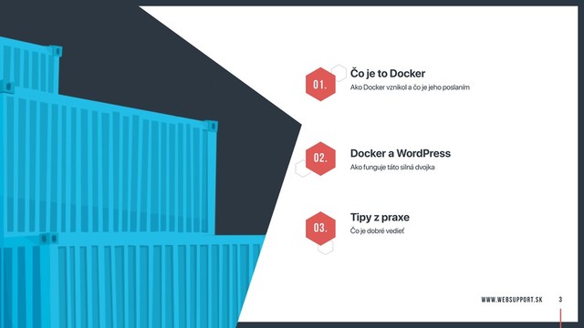 Čo je to Docker
Ako Docker vznikol a čo je jeho poslaním
Docker a WordPress
02.
Ako funguje táto silná dvojka
01.
Tipy z praxe
03. Čo je dobré vedieť
3
www.websupport.sk
