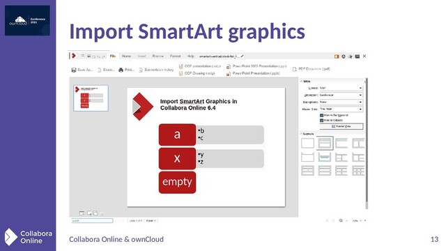 Collabora Online & ownCloud 13
Import SmartArt graphics
