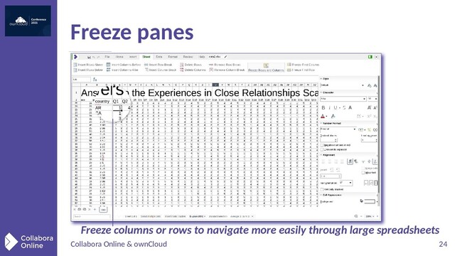 Collabora Online & ownCloud 24
Freeze panes
Freeze columns or rows to navigate more easily through large spreadsheets
