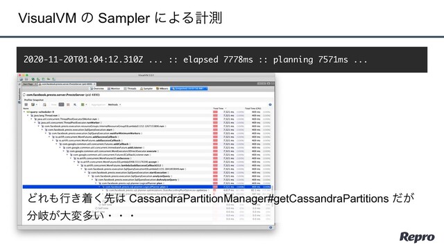 VisualVM ͷ Sampler ʹΑΔܭଌ
2020-11-20T01:04:12.310Z ... :: elapsed 7778ms :: planning 7571ms ...
ͲΕ΋ߦ͖ண͘ઌ͸ CassandraPartitionManager#getCassandraPartitions ͕ͩ
෼ذ͕େมଟ͍ɾɾɾ
