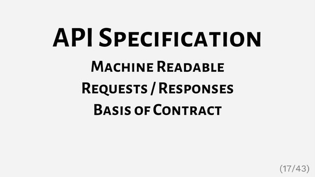 API Specification
Machine Readable
Requests / Responses
Basis of Contract

