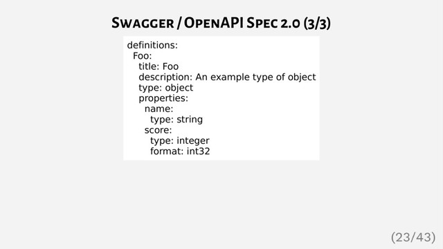 Swagger / OpenAPI Spec 2.0 (3/3)
definitions:
Foo:
title: Foo
description: An example type of object
type: object
properties:
name:
type: string
score:
type: integer
format: int32
