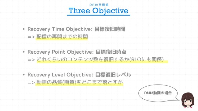 • Recovery Time Objective: 目標復旧時間 
=> 配信の再開までの時間
• Recovery Point Objective: 目標復旧時点 
=> どれくらいのコンテンツ数を復旧するか(RLOにも関係) 
• Recovery Level Objective: 目標復旧レベル 
=> 動画の品質(画質)をどこまで落とすか
% 3 ͷ ໨ ඪ ஋
Three Objective
DMM動画の場合

