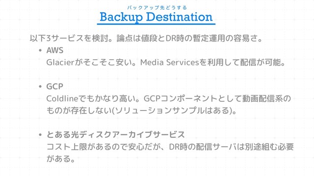 ό ο Ϋ Ξ ο ϓ ઌ Ͳ ͏ ͢ Δ
Backup Destination
以下3サービスを検討。論点は値段とDR時の暫定運用の容易さ。
• AWS 
Glacierがそこそこ安い。Media Servicesを利用して配信が可能。
• GCP 
Coldlineでもかなり高い。GCPコンポーネントとして動画配信系の
ものが存在しない(ソリューションサンプルはある)。 
• とある光ディスクアーカイブサービス 
コスト上限があるので安心だが、DR時の配信サーバは別途組む必要
がある。
