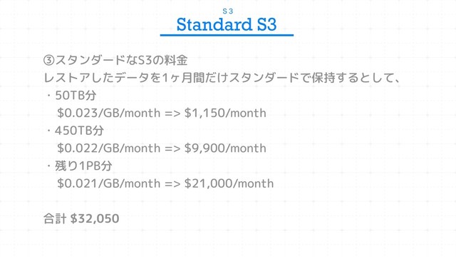 4 
Standard S3
③スタンダードなS3の料金
レストアしたデータを1ヶ月間だけスタンダードで保持するとして、
・50TB分
$0.023/GB/month => $1,150/month
・450TB分
$0.022/GB/month => $9,900/month
・残り1PB分
$0.021/GB/month => $21,000/month
合計 $32,050
