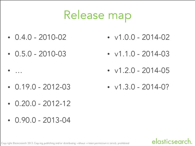 Copyright Elasticsearch 2014. Copying, publishing and/or distributing without written permission is strictly prohibited
Copyright Elasticsearch 2013. Copying, publishing and/or distributing without written permission is strictly prohibited
Release map
• 0.4.0 - 2010-02
• 0.5.0 - 2010-03
• …
• 0.19.0 - 2012-03
• 0.20.0 - 2012-12
• 0.90.0 - 2013-04
• v1.0.0 - 2014-02
• v1.1.0 - 2014-03
• v1.2.0 - 2014-05
• v1.3.0 - 2014-0?
