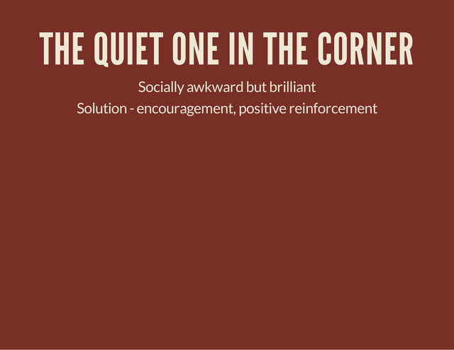 THE QUIET ONE IN THE CORNER
Socially awkward but brilliant
Solution - encouragement, positive reinforcement
