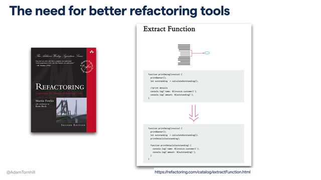 @AdamTornhill
The need for better refactoring tools
https:/
/refactoring.com/catalog/extractFunction.html
