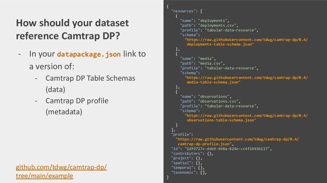 - In your datapackage.json link to
a version of:
- Camtrap DP Table Schemas
(data)
- Camtrap DP profile
(metadata)
How should your dataset
reference Camtrap DP?
{
"resources": [
{
"name": "deployments",
"path": "deployments.csv",
"profile": "tabular-data-resource",
"schema":
"https://raw.githubusercontent.com/tdwg/camtrap-dp/0.4/
deployments-table-schema.json"
},
{
"name": "media",
"path": "media.csv",
"profile": "tabular-data-resource",
"schema":
"https://raw.githubusercontent.com/tdwg/camtrap-dp/0.4/
media-table-schema.json"
},
{
"name": "observations",
"path": "observations.csv",
"profile": "tabular-data-resource",
"schema":
"https://raw.githubusercontent.com/tdwg/camtrap-dp/0.4/
observations-table-schema.json"
}
],
"profile":
"https://raw.githubusercontent.com/tdwg/camtrap-dp/0.4/
camtrap-dp-profile.json",
"id": "1df9727c-dde9-498a-824e-cc4f19436117",
"contributors": {},
"project": {},
"spatial": {},
"temporal": {},
"taxonomic": [],
}
github.com/tdwg/camtrap-dp/
tree/main/example

