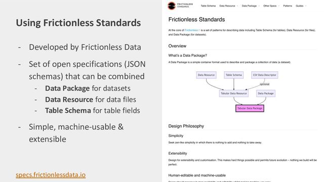 - Developed by Frictionless Data
- Set of open specifications (JSON
schemas) that can be combined
- Data Package for datasets
- Data Resource for data files
- Table Schema for table fields
- Simple, machine-usable &
extensible
Using Frictionless Standards
specs.frictionlessdata.io
