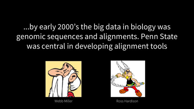 ...by early 2000’s the big data in biology was
genomic sequences and alignments. Penn State
was central in developing alignment tools
Webb Miller Ross Hardison
