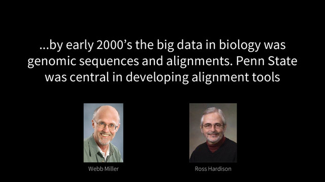 Webb Miller Ross Hardison
...by early 2000’s the big data in biology was
genomic sequences and alignments. Penn State
was central in developing alignment tools
