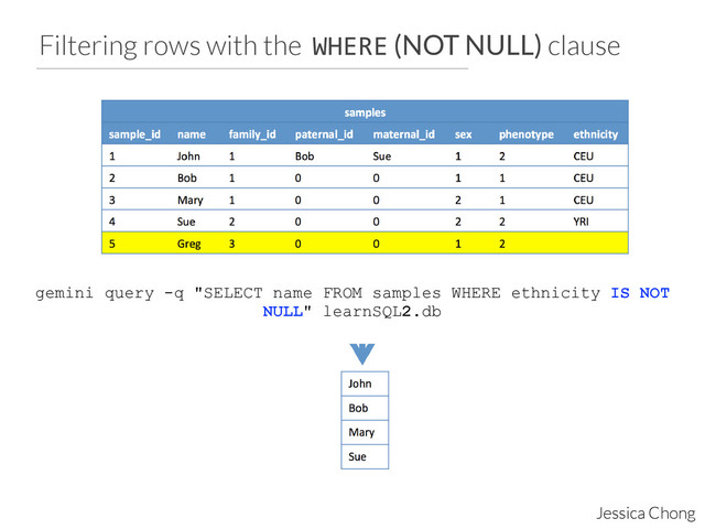 Filtering rows with the WHERE (NOT NULL) clause
Jessica Chong
gemini query -q "SELECT name FROM samples WHERE ethnicity IS
NULL" learnSQL2.db	  
gemini query -q "SELECT name FROM samples WHERE ethnicity IS NOT
NULL" learnSQL2.db	  
