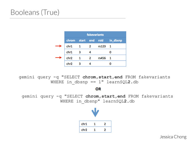 Booleans (True)
Jessica Chong
gemini query -q "SELECT chrom,start,end FROM fakevariants
WHERE in_dbsnp == 1" learnSQL2.db
gemini query -q "SELECT chrom,start,end FROM fakevariants
WHERE in_dbsnp" learnSQL2.db
