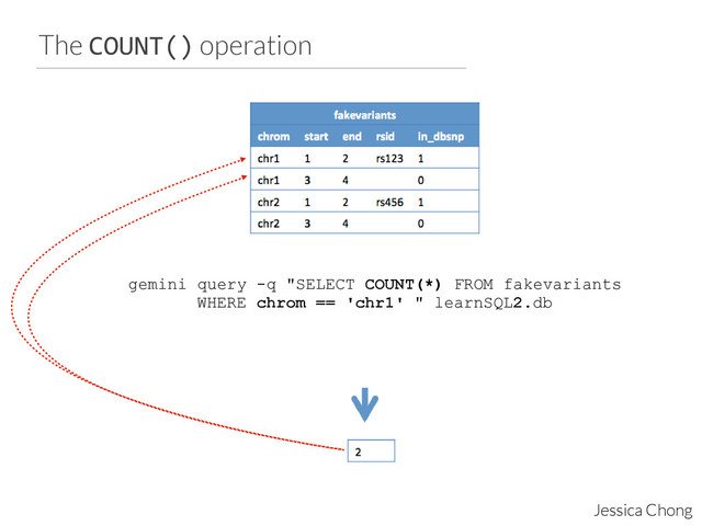 The COUNT() operation
Jessica Chong
gemini query -q "SELECT COUNT(*) FROM fakevariants
WHERE chrom == 'chr1' " learnSQL2.db	  
