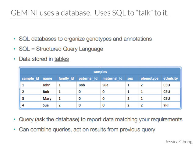 GEMINI uses a database. Uses SQL to “talk” to it.
Jessica Chong
