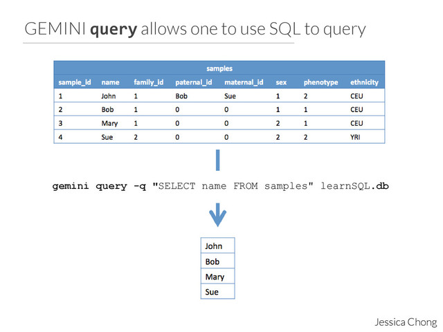 GEMINI query allows one to use SQL to query	  
Jessica Chong
gemini query -q "SELECT name FROM samples" learnSQL.db
