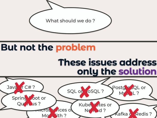 Java or C# ? PostgreSQL or
MySQL ?
Kafka or Redis ?
Microservices or
Monolith ?
Kubernetes or
Nomad ?
SQL or NoSQL ?
Spring Boot or
Quarkus ?
These issues address
only the solution
But not the problem
What should we do ?
