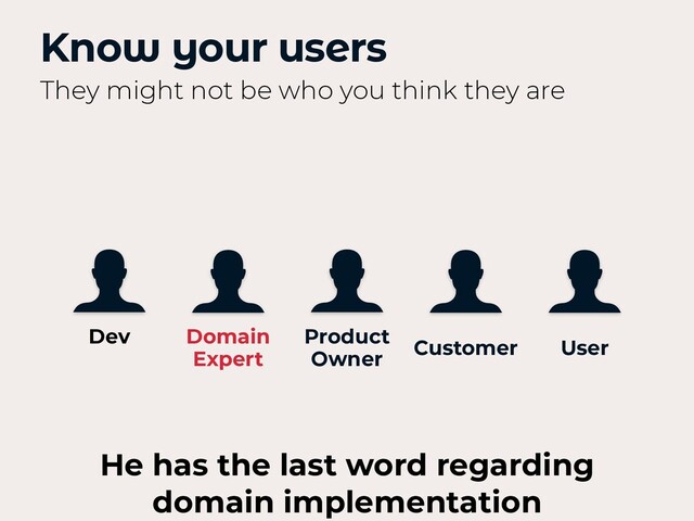 Know your users
They might not be who you think they are
Dev Domain
Expert
Product
Owner
Customer User
He has the last word regarding
domain implementation
