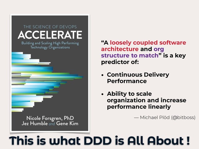 “A loosely coupled software
architecture and org
structure to match” is a key
predictor of:
• Continuous Delivery
Performance
• Ability to scale
organization and increase
performance linearly
This is what DDD is All About !
— Michael Plöd (@bitboss)

