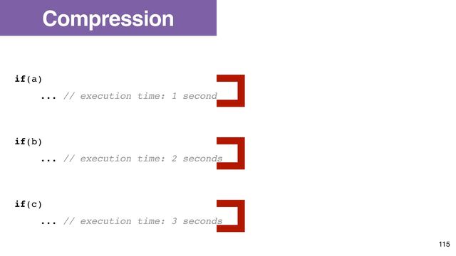 Compression
if(a)
... // execution time: 1 second
if(b)
... // execution time: 2 seconds
if(c)
... // execution time: 3 seconds
115
