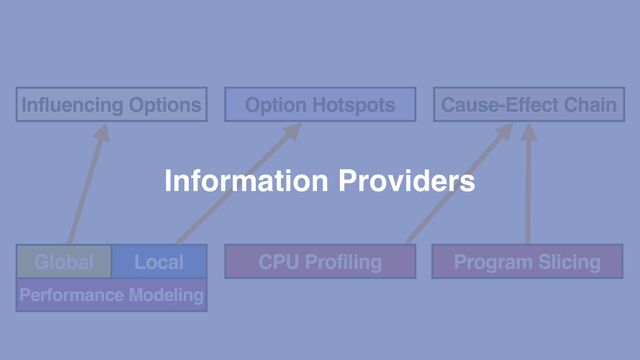 Influencing Options Option Hotspots Cause-Effect Chain
CPU Profiling Program Slicing
Performance Modeling
Global Local
Information Providers
