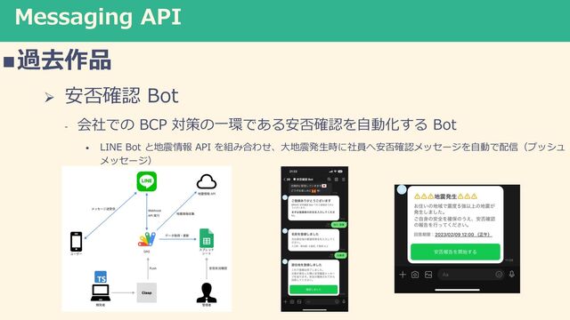 Messaging API
n過去作品
Ø 安否確認 Bot
- 会社での BCP 対策の⼀環である安否確認を⾃動化する Bot
• LINE Bot と地震情報 API を組み合わせ、⼤地震発⽣時に社員へ安否確認メッセージを⾃動で配信（プッシュ
メッセージ）
