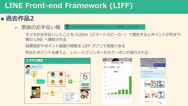 LINE Front-end Framework (LIFF)
n 過去作品2
Ø 家族のお⼿伝い帳
- ⼦どもがお⼿伝いしたことを CLOVA（スマートスピーカー）で報告するとポイントが貯まり、
親の LINE へ通知される
- ⽬標設定やポイント履歴の閲覧を LIFF アプリで実施できる
- 貯めたポイントを使うと、レシートプリンターからクーポンが発⾏される
-*/&#005"8"3%4ϑΝϛϦʔ෦໳৆ɾϩϘελ৆
