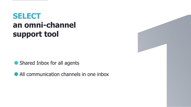 SELECT
an omni-channel
support tool
Shared Inbox for all agents
All communication channels in one inbox
