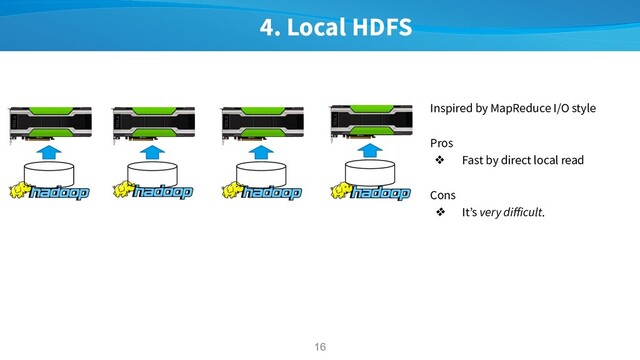 4. Local HDFS
16
Inspired by MapReduce I/O style
Pros
❖ Fast by direct local read
Cons
❖ It’s very diﬀicult.
