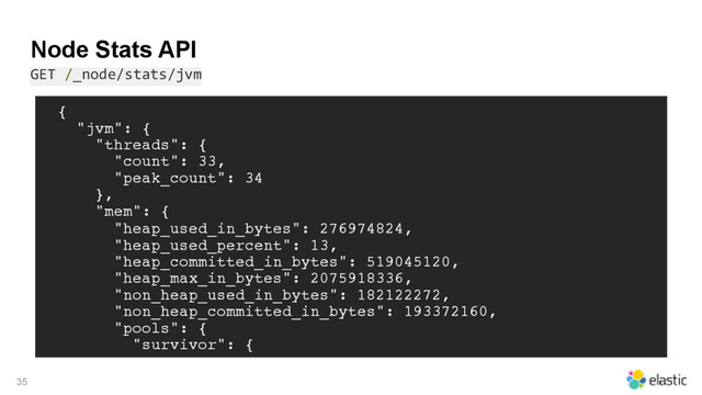 Node Stats API
GET /_node/stats/jvm
35
{
"jvm": {
"threads": {
"count": 33,
"peak_count": 34
},
"mem": {
"heap_used_in_bytes": 276974824,
"heap_used_percent": 13,
"heap_committed_in_bytes": 519045120,
"heap_max_in_bytes": 2075918336,
"non_heap_used_in_bytes": 182122272,
"non_heap_committed_in_bytes": 193372160,
"pools": {
"survivor": {
