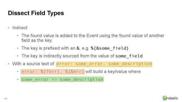 Dissect Field Types
• Indirect
• The found value is added to the Event using the found value of another
field as the key.
• The key is prefixed with an &, e.g. %{&some_field}
• The key is indirectly sourced from the value of some_field
• With a source text of: error: some_error, some_description
• error: %{?err}, %{&err} will build a key/value where
• some_error => some_description
49

