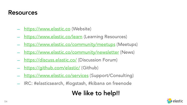 Resources
‒ https://www.elastic.co (Website)
‒ https://www.elastic.co/learn (Learning Resources)
‒ https://www.elastic.co/community/meetups (Meetups)
‒ https://www.elastic.co/community/newsletter (News)
‒ https://discuss.elastic.co/ (Discussion Forum)
‒ https://github.com/elastic/ (Github)
‒ https://www.elastic.co/services (Support/Consulting)
‒ IRC: #elasticsearch, #logstash, #kibana on freenode
54
We like to help!!
