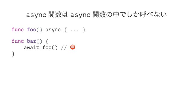 async ؔ਺͸ async ؔ਺ͷதͰ͔͠ݺ΂ͳ͍
func foo() async { ... }
func bar() {
await foo() //
⛔
}
