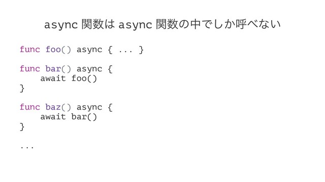 async ؔ਺͸ async ؔ਺ͷதͰ͔͠ݺ΂ͳ͍
func foo() async { ... }
func bar() async {
await foo()
}
func baz() async {
await bar()
}
...
