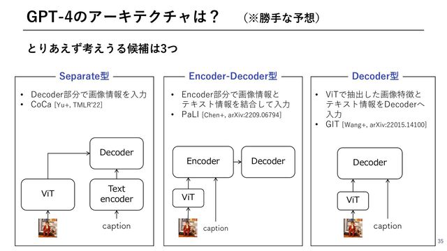 とりあえず考えうる候補は3つ
35
GPT-4のアーキテクチャは？ （※勝⼿な予想）
Encoder Decoder
DBQUJPO
Encoder-Decoder型
• Encoder部分で画像情報と
テキスト情報を結合して⼊⼒
• PaLI [Chen+, arXiv:2209.06794]
ViT
Decoder
ViT
DBQUJPO
Decoder型
• ViTで抽出した画像特徴と
テキスト情報をDecoderへ
⼊⼒
• GIT [Wang+, arXiv:22015.14100]
ViT
Text
encoder
Decoder
DBQUJPO
• Decoder部分で画像情報を⼊⼒
• CoCa [Yu+, TMLRʼ22]
Separate型
