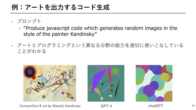 • プロンプト
• “Produce javascript code which generates random images in the
style of the painter Kandinsky”
• アートとプログラミングという異なる分野の能⼒を適切に使いこなしている
ことがわかる
50
例：アートを出⼒するコード⽣成
Composition 8, art by Wassily Kandinsky GPT-4 chatGPT
