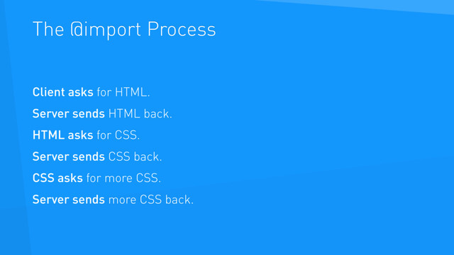 The @import Process
Client asks for HTML.
Server sends HTML back.
HTML asks for CSS.
Server sends CSS back.
CSS asks for more CSS.
Server sends more CSS back.
