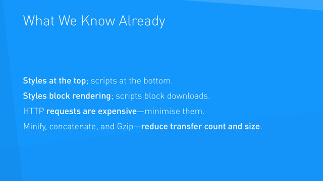 What We Know Already
Styles at the top; scripts at the bottom.
Styles block rendering; scripts block downloads.
HTTP requests are expensive—minimise them.
Minify, concatenate, and Gzip—reduce transfer count and size.
