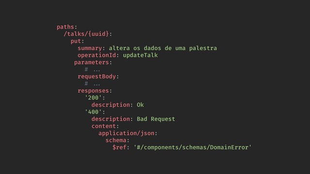 paths:
/talks/{uuid}:
put:
summary: altera os dados de uma palestra
operationId: updateTalk
parameters:
# !!...
requestBody:
# !!...
responses:
'200':
description: Ok
'400':
description: Bad Request
content:
application/json:
schema:
$ref: '#/components/schemas/DomainError'
